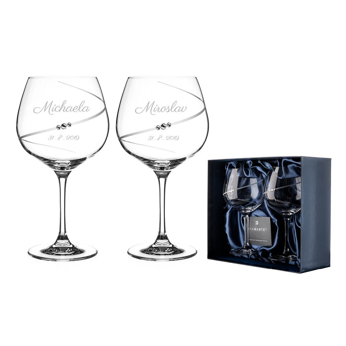 Silhouette pár extra velkých sklenic na červené víno burngundy/gin s gravírováním