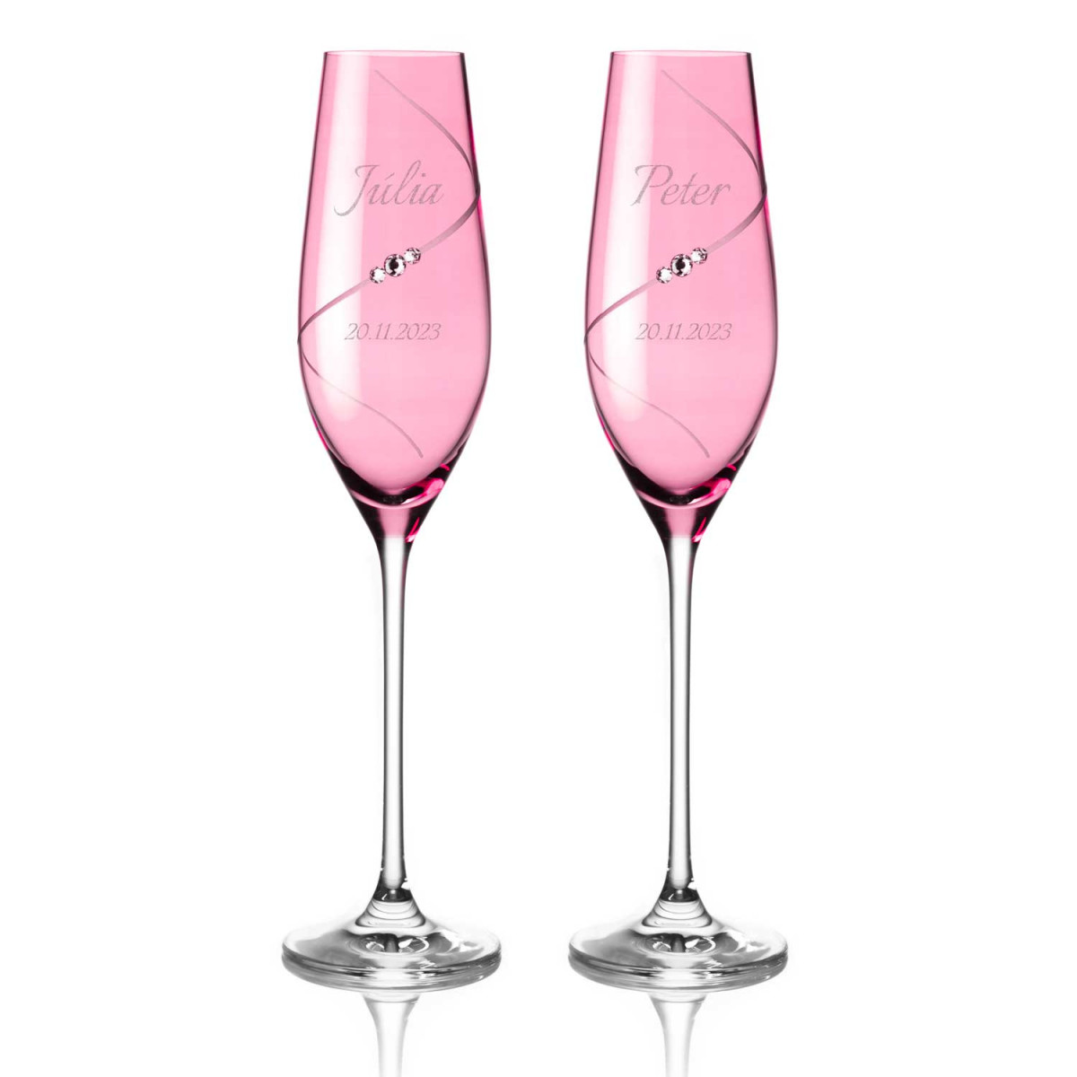 Pink Silhouette gravírované svatební sklenice na šampaňské a prosecco