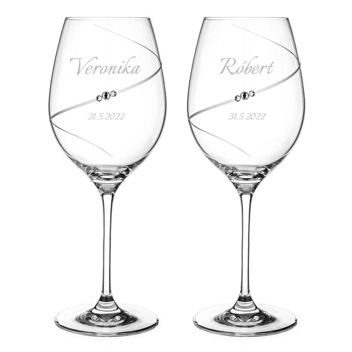 Silhouette dvě svatební sklenice na čerevní víno s gravírováním