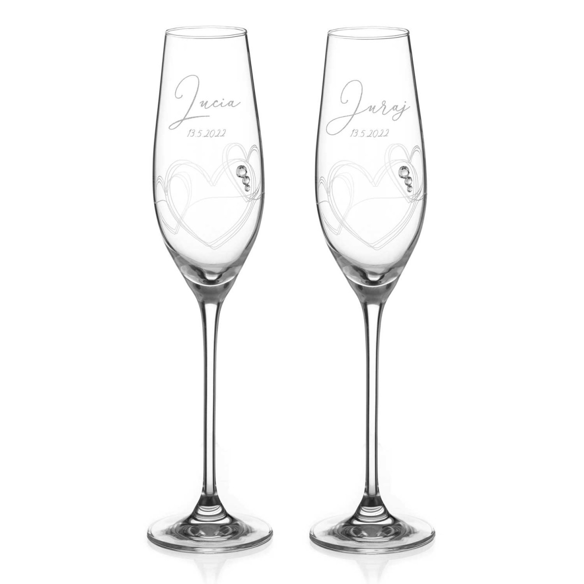 gravírované svadobné poháre s motívom srdca a Swarovski kamienkami