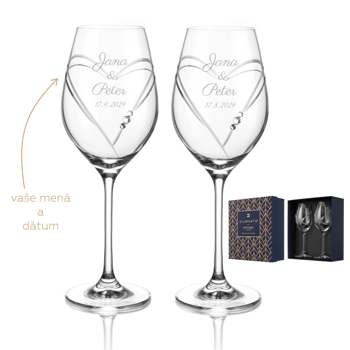 Dvě svatební sklenice na bílé a růžové víno